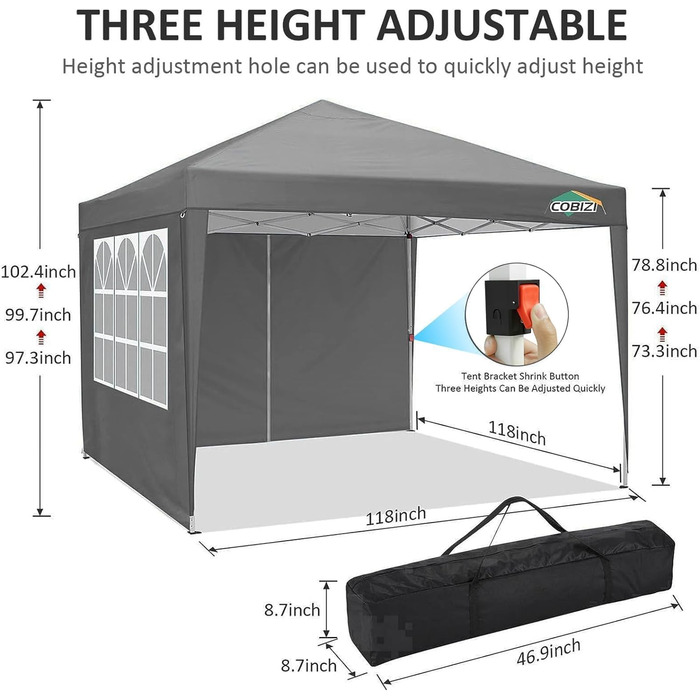 COBIZI Gazebo 3x3 Waterproof Folding Gazebo with 4 Side Walls Outdoor Folding Gazebo Stable UV Protection 50+ Pop-Up Garden Gazebo Party Tent for Outdoors, Garden, Party, Wedding, Market (3x3m Gray)