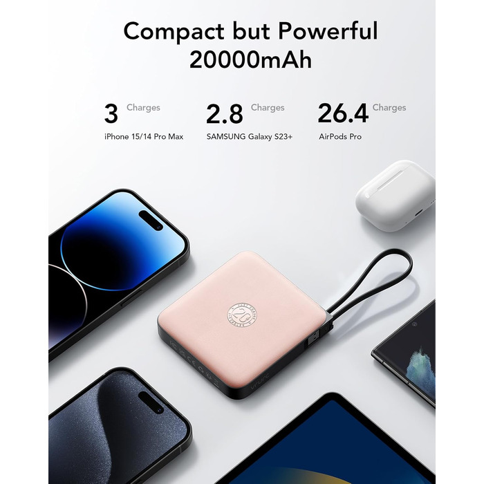 Power Bank VRURC 20000mAh з кабелем: компактний акумулятор для iPhone, Huawei, Samsung та інших пристроїв (рожевий)