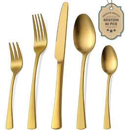 Bestdin Cutlery Set 12 People, 60 Piece Stainless Steel Cutlery Set Matte Gold Eating Cutlery Set with Knife Fork Spoon, High-Quality Stainless Steel Cutlery, Dishwasher Safe.