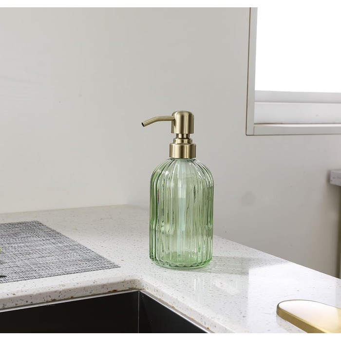 Дозатор для мила з бурштинового скла, 473 мл, з щіткою з золота, для ванної кімнати та кухні