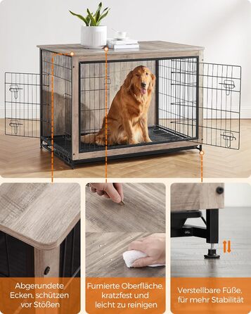 Клітка для собак Feandrea з приставним столиком, переноска, сучасна будка для собак до 36 кг, міцна, для дому, знімний піддон, 2 двері, PFC004X01 (112 x 75 x 82 см, Greige)