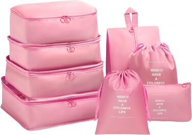 Органайзер для валізи OSDUE, набір 8 шт: кубики для пакування, водонепроникні сумочки для подорожей, сумочки для взуття, кишеня для USB-кабелів (бежевий, рожевий)