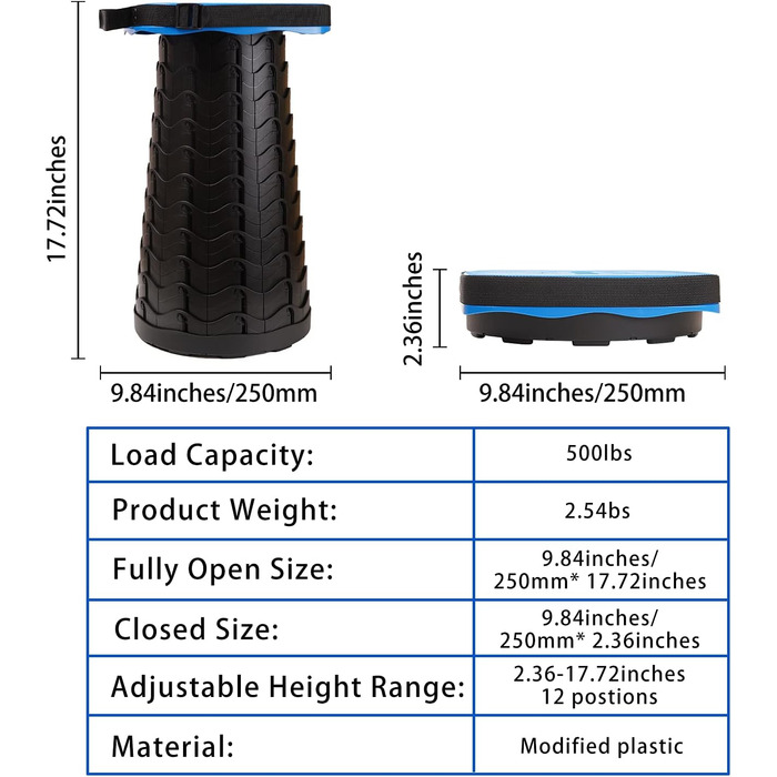 Складний стілець-телескоп для кемпінгу, риболовлі та відпочинку на природі (220 кг, блакитний)