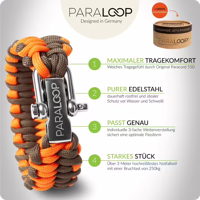 Paraloop® Paracord Armband for Men and Women + Pendant with Signal Whistle - Emergency Rope - Survival Kit - Stainless Steel Clasp - with Gift Box Cliffhanger (The Original)