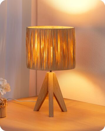 EDISHINE Настільна лампа з ручним плетінням, тепле світло 2700K, з дерев'яною підставкою, Boho стиль, для спальні, вітальні, готелю, з LED лампою E27 4W (рафія)