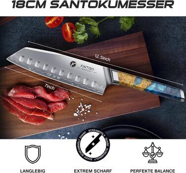 Японський кухонний ніж FINTISO Santoku 20 см, сталь S35VN, 7 шарів, ручка з дерев'яної смоли - ідеальний подарунок