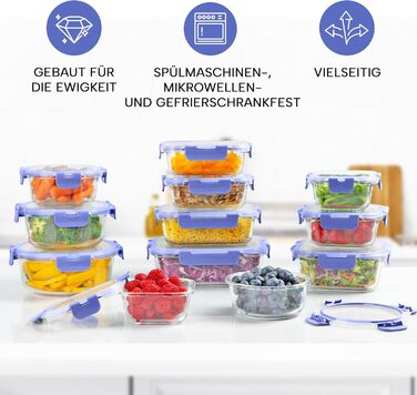 Zulay Набір скляних контейнерів для зберігання їжі Meal Prep 12 шт. - герметичні, для мікрохвильовки, посудомийки, духовки та морозильника, без BPA - Чорний (12 шт. - Синій)