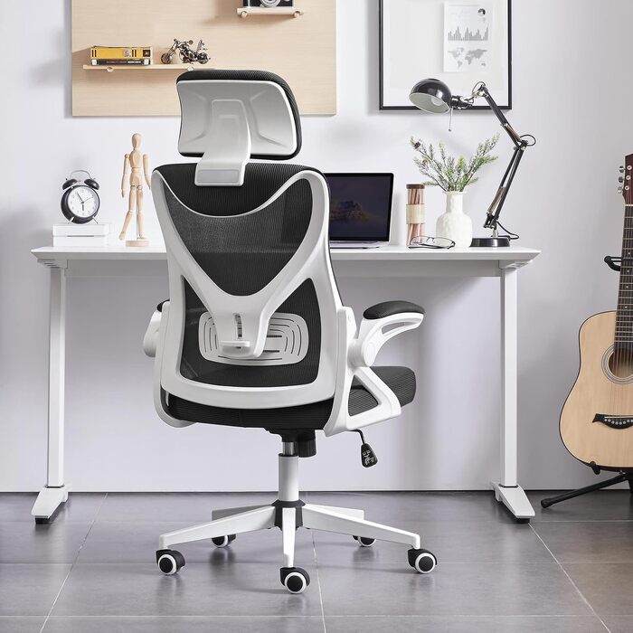 Ергономічне крісло Yaheetech для офісу, крісло до комп'ютерного столу з підйомними підлокітниками, обертове крісло зі спинкою та регульованою підголівником, крісло для начальника з функцією гойдання, до 136 кг, білий/чорний