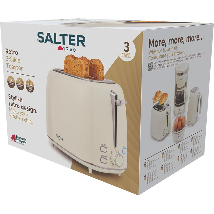 Електричний чайник Salter Retro Cream 1.7L з тостером 2-х секційного, 2.2 Kw, 360° обертання, фільтр від накипу, бездротовий, індикатор рівня води, захист від сухого кипіння та автовимкнення