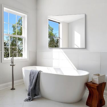 Дзеркало для ванної кімнати BONEWEI, 61 x 121,9 см, прямокутне, настінне, з рамою, косметичне, з заокругленими кутами, для спальні, вітальні, передпокою, горизонтальне (срібне прямокутне, 90x75 см)