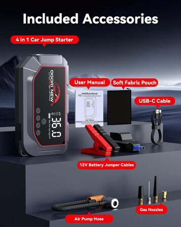 Портативний пусковий пристрій OGORI з компресором 150 PSI та LED-ліхтариком, 7000A, для автомобілів 12V (8L бензин/10L дизель)