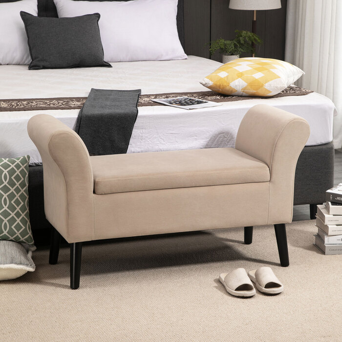 HOMCOM Living Room Bench Modern Upholstered Bench with Storage, Velvety Polyester, Rubberwood, Armrests, 115.5x43.5x66cm | Aosom