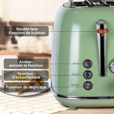 Wiltal Retro 2-Slice Toaster with 6 Adjustable Browning Levels, Stainless Steel with high-quality bread roll attachment. Warming, defrosting, and cancel function, countdown display, quick-toast technology (green)