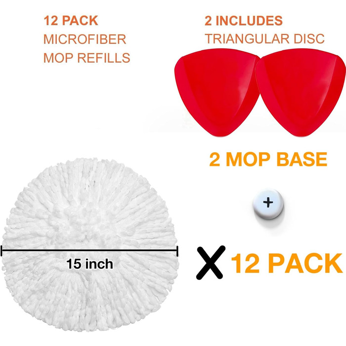 12 EasyWring rotating mop heads, microfiber pop replacement heads, 2 rotating mop covers. Microfiber mop heads can easily remove and absorb stubborn dirt.