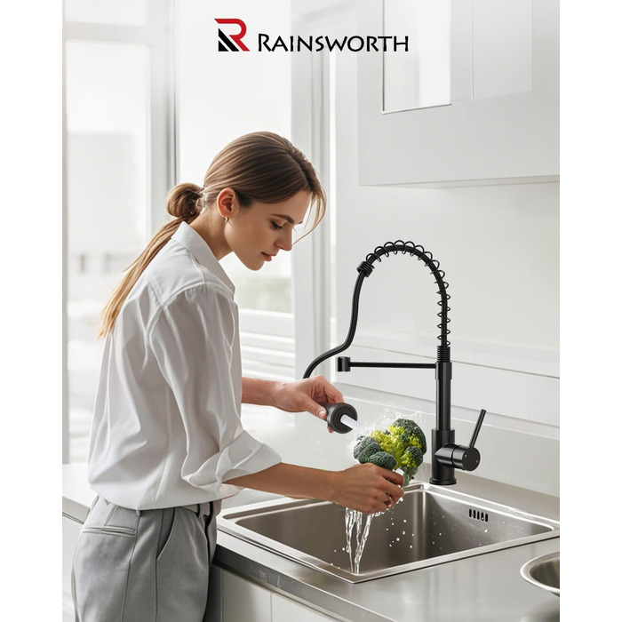 Кухонний змішувач Rainsworth з нержавіючої сталі, чорний, з висувною лійкою та двома струменями, 360° обертання, 45 см