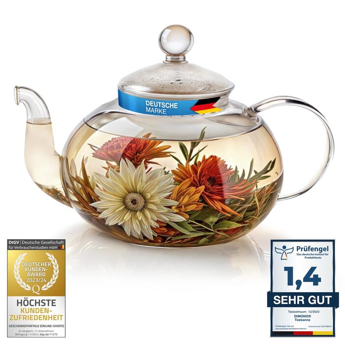 Скляний чайник Dimono з фільтром для заварювання чаю, об'єм 1500 мл (600 мл), ручна робота