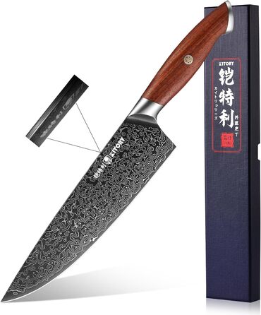 Японський ніж Kitory Kochmesser Kiritsuke з дамаської сталі 21 см (10Cr15CoMoV) з ручкою з червоного сандалового дерева - серія Pro Damast
