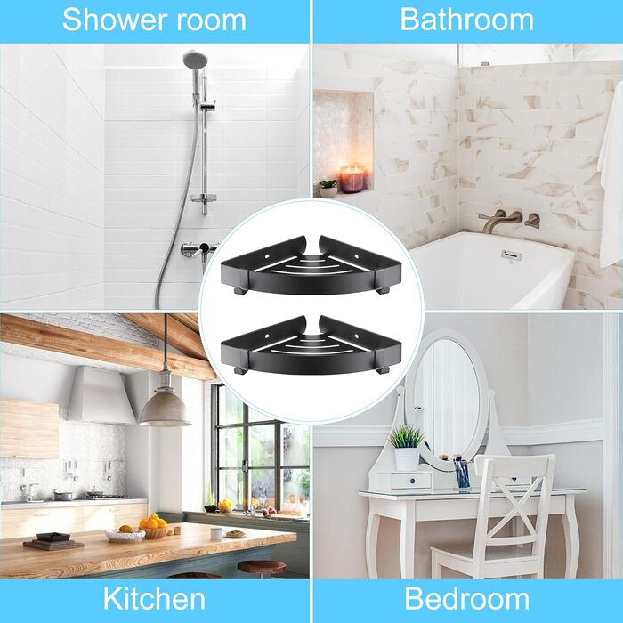 DUFU Shower Shelf Corner Shelf, Shower Organizer Without Drilling Stainless Steel Shower Basket Self-Adhesive, Corner Bathroom Organizer Shampoo Holder with 4 Hooks for Shower, 2 Pack Black