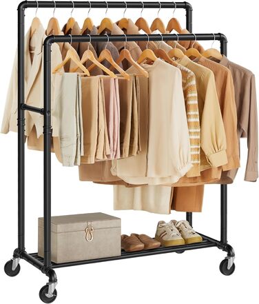 SONGMICS Clothes Rack, Clothes Rail, Coat Rack with 2 Clothes Rails and Shelf, Wheels, Load Capacity up to 110 kg, Industrial Design, for Bedroom, Dressing Room, white HSR060W01 (Black)