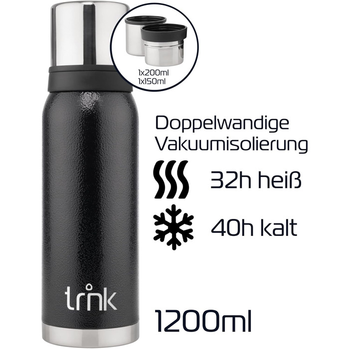 Термос TRNK Arktis 2 - 1200 мл, нержавіюча сталь, BPA-free, 32 години тепла, 2 стаканчики, для кухні