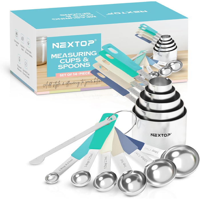 Nextop 14-Piece Stainless Steel Measuring Cup and Spoon Set with All Stackable Sizes and Levelers for Dry Ingredients, Complete Set for Kitchen & Baking Measuring Tools (Aqua Sky Blue Set)