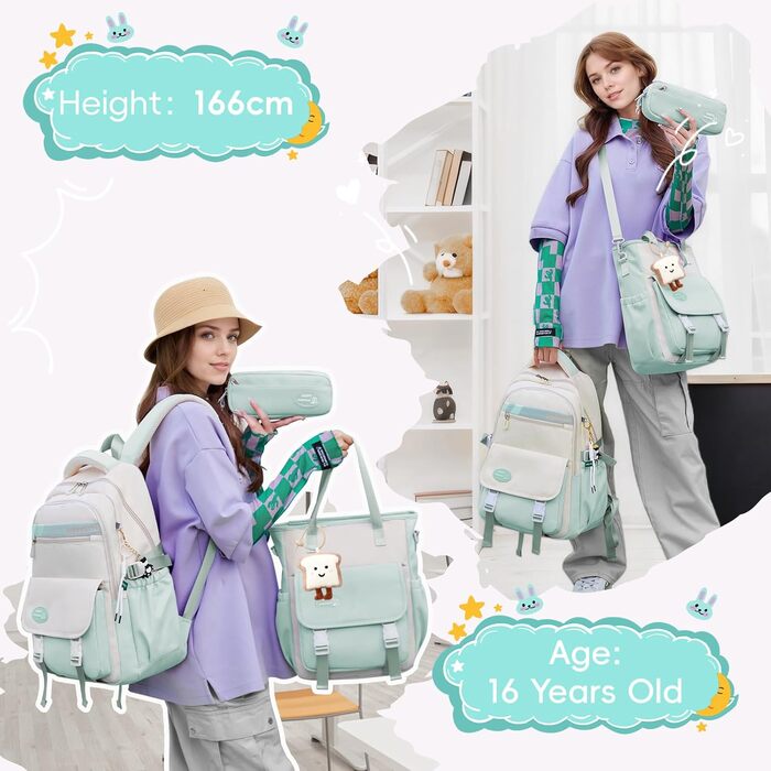 Шкільний рюкзак Tanou для дівчаток-підлітків: набір з рюкзаком, сумкою через плече та пеналом. Зелений шкільний рюкзак для дітей.