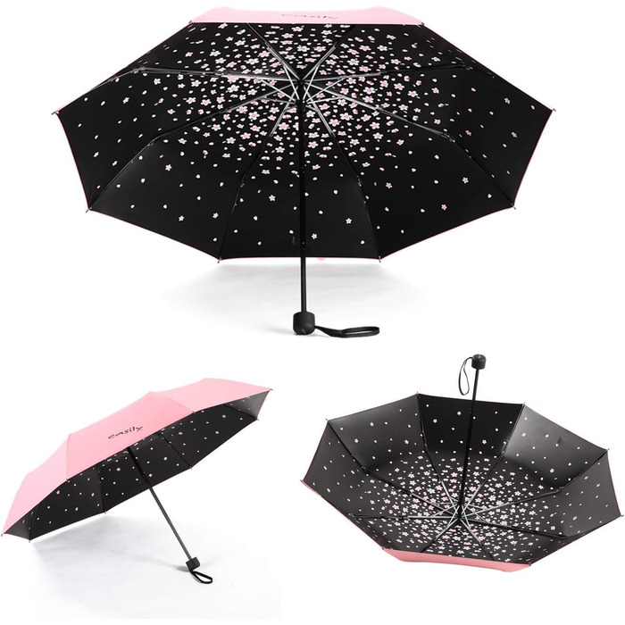 Зонт компактний, складаний, з UV-захистом, від Voy Lady – Рожевий, з квітковим малюнком (квіти сакури), діаметр у розкладеному стані 96 см