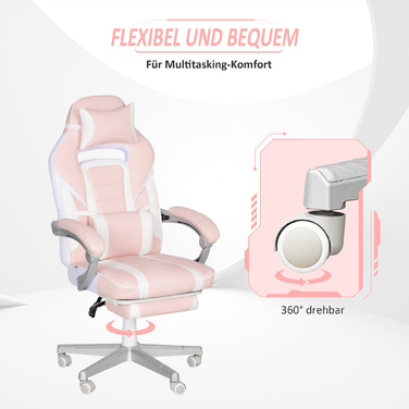 HOMCOM Gaming Chair with Footrest, Height-Adjustable Desk Chair with Head and Lumbar Cushion, Swivel Gaming Recliner with Adjustable Backrest, Faux Leather, Up to 120 kg, Pink | Aosom