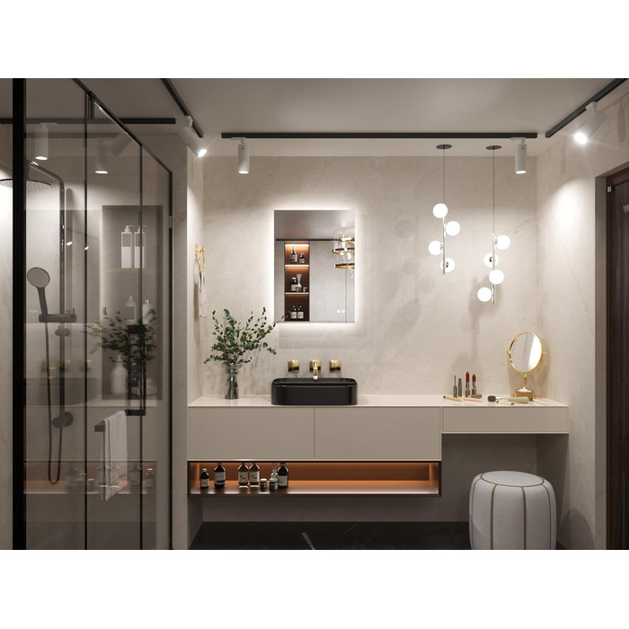 Дзеркало для ванної кімнати Keonjinn з підсвічуванням 60 см, антизапарююче покриття, сенсорний вимикач, пам'ять налаштувань, 3 кольори світла, регульована яскравість, LED, без рамки, 70 x 50 см