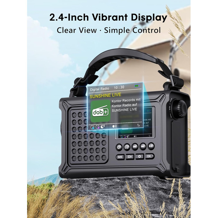ROCAM Радіоприймач на ручку DAB+/UKW, портативне аварійне радіо з сонячною панеллю 8500 мм² та ручкою 650 мА, цифрове радіо з Bluetooth, 2.4' кольоровий дисплей, 80 станцій, SOS, LED ліхтарик, USB, IPX6 для кемпінгу, чорний