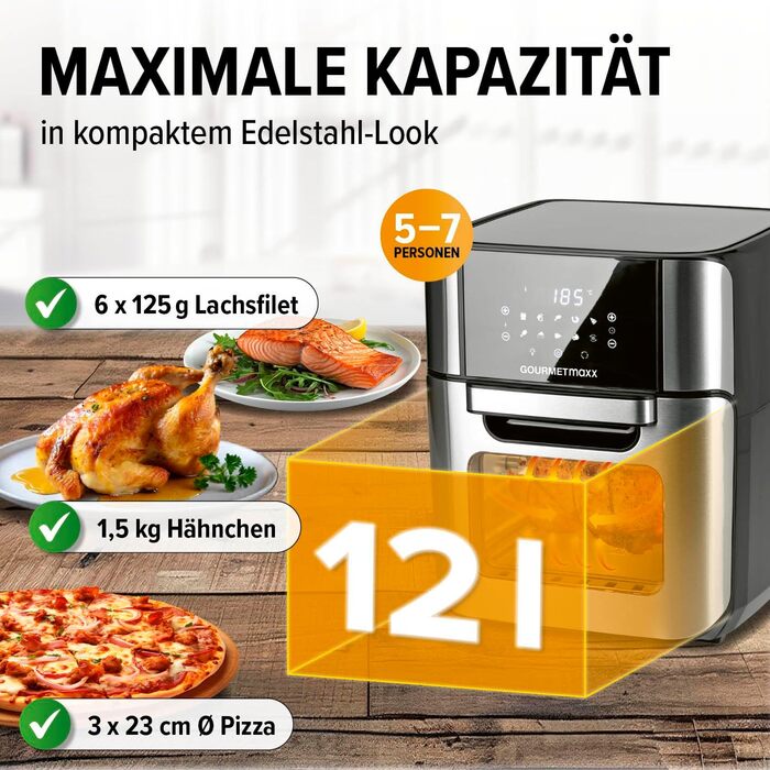 Gourmetmaxx Digital Hot Air Fryer 12 L, XXL Stainless Steel Oven | Air Fryer + Timer, Touch Display, Rotisserie | Low-Fat, Energy-Saving Frying | 10 Programs including Pizza | 1800 W