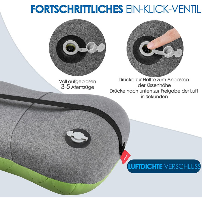 Надувне туристичне/дорожнє подушечка HIKENTURE з знімним чохлом, ергономічна, комфортна підтримка шиї для подорожей та відпочинку на природі (зелений)