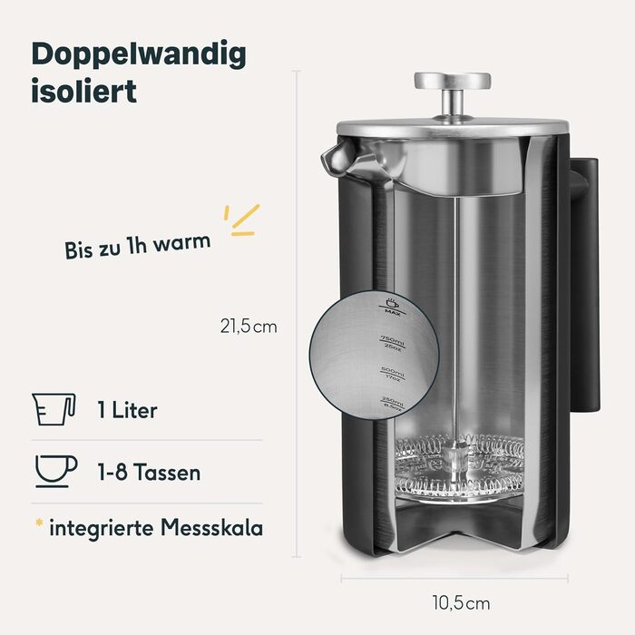 SILBERTHAL Coffee Grinder Manual Conical Burr Grinder - Adjustable Grind Size from Coarse to Fine - Hand Grinder Made of Stainless Steel and Glass - Ideal Gift Idea
