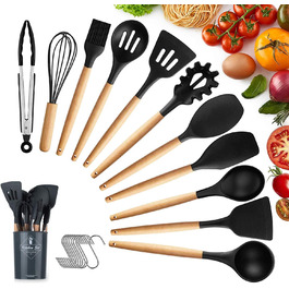 Набір кухонних аксесуарів KagoLing: 13 предметів з силікону з дерев'яними ручками (ложка, щипці, вінчик, шпатель)