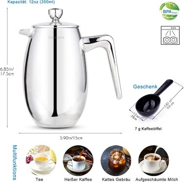 Easyworkz Nando French Press 350ml Coffee Maker French Press, double-walled, insulated, Thermo Coffee Machine, 304 Stainless Steel
