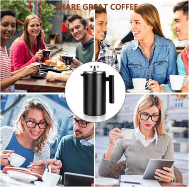 French Press Coffee Maker, 100 ml, large, insulated, robust premium stainless steel, 4-6 cup capacity, coffee press, French press plunger, teapot, black
