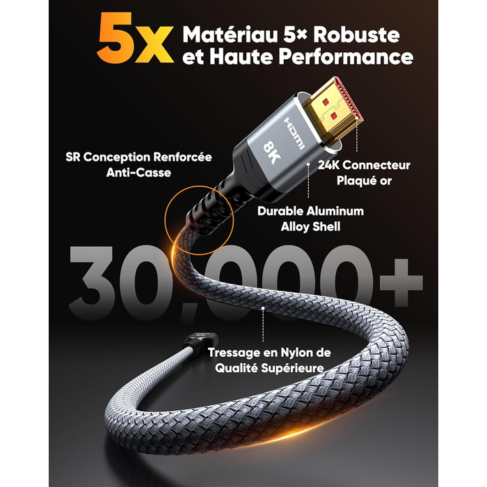 HDMI кабель SNOWKIDS 8K@60Hz 2M, HDMI 2.1, 48Gbit/s, 4K@120Hz, Dolby Vision, DTS:X, HDCP 2.2/2.3, HDR 10, eARC, HDR, сумісний з PS5, HDTV, проектором, PC, монітором, PS4