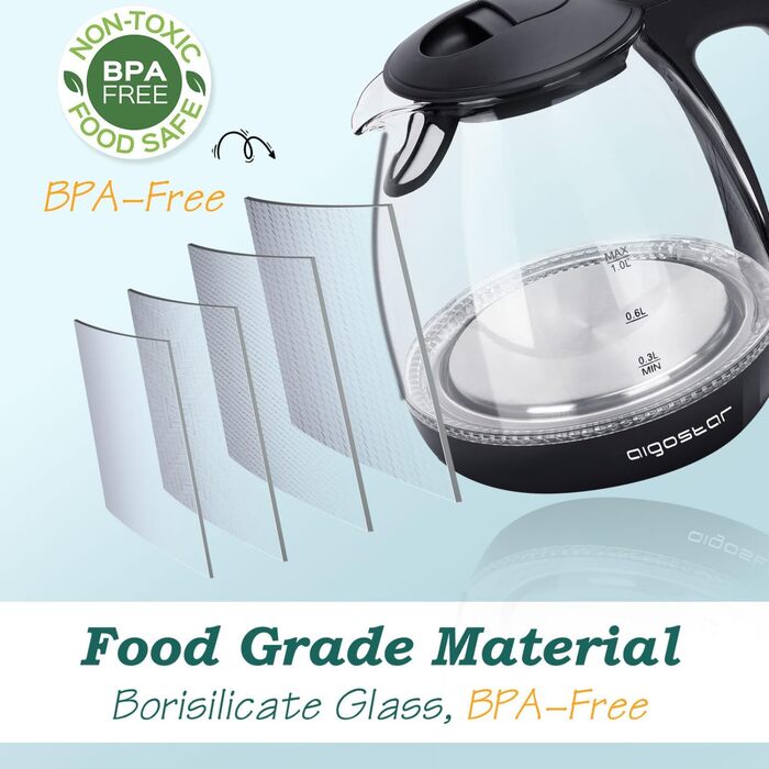 Електричний чайник Aigostar Elfin 1 л, 2200W, з LED-підсвічуванням, з боросилікатного скла, міні-чайник для дому, офісу, гуртожитку, BPA Free, чорний