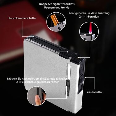 Вишукане екіп для курців: Zigarettenetui CAM2 з феєрверком, автоматичним виштовхуванням та електронним перезаряджуваним запальничкою (20 цигарок, сріблясте скло)