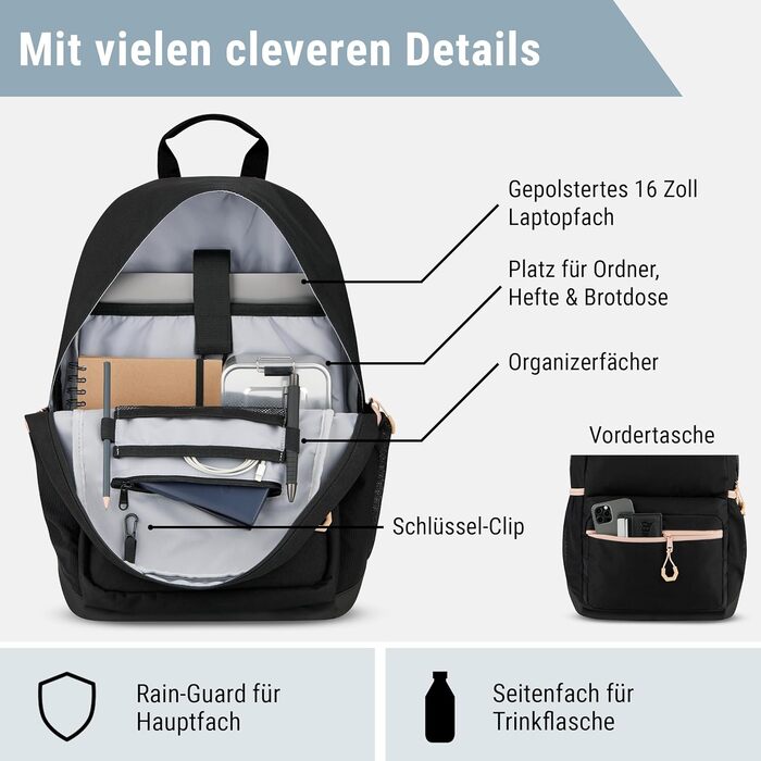 Шкільний рюкзак для дівчаток та хлопчиків-підлітків Flex - рюкзак для жінок та чоловіків з відділенням для 16-дюймового ноутбука для школи та дозвілля - водонепроникний, чорно-рожевий