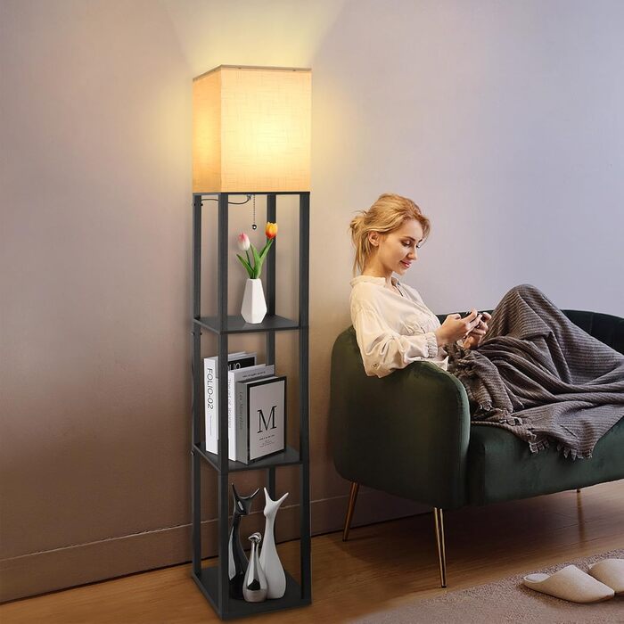 Світлодіодна торшер з дерева, 1.6м, з цоколюванням E27 (3000K-5000K), ретро торшер з 3 полицями, 3 колірні температури, настільна лампа з абажуром для спальні, кута, вітальні, офісу, чорний