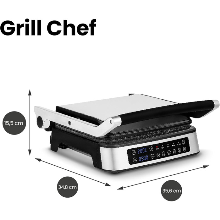 Grill Chef Electric Contact Grill and Sandwich Toaster 2100W, Removable Heating Plates, 2in1, 180° Foldable, Non-Stick Coating, Drip Tray, Acoustic Notifications (SILVER)