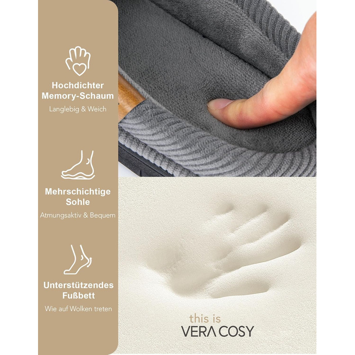Чоловічі мокасини VeraCosy для дому з піною Memory Foam, зимові пантофлі, сірий колір, розмір 42/43 EU