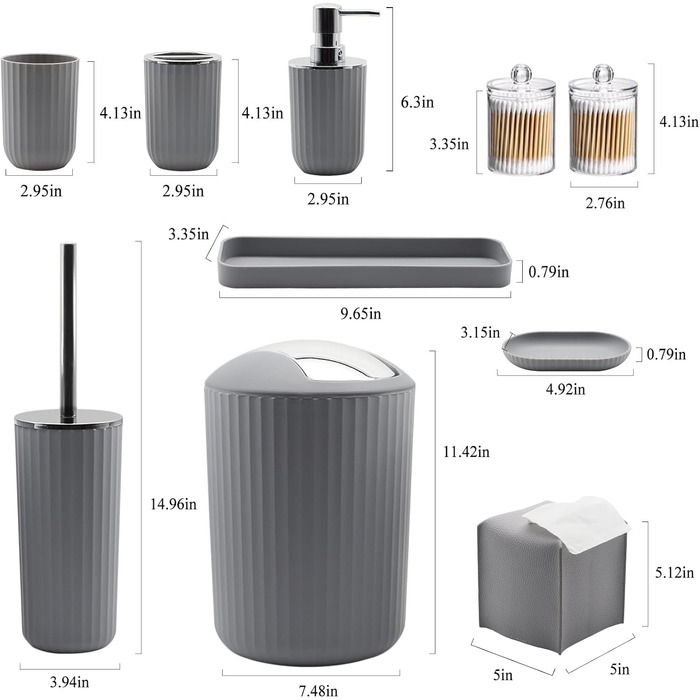 Набір аксесуарів для ванної кімнати, 10 предметів (сірий): сміттєвий контейнер, тримач для зубних щіток, мильниця, дозатор мила, тримач для унітазної щітки, контейнер для ватних паличок, кришка для серветок