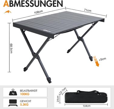 Складний кемпінговий стіл PORTAL алюмінієвий, регульована висота, 108x71 см, чорний - для пікніка, саду, подорожей