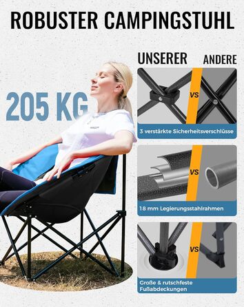 Крісло для кемпінгу KingCamp Moonchair XXL: зручне, м'яке, для відпочинку на природі, саду, риболовлі. Макс. 205 кг, з кишенею для напоїв та високою спинкою (Блакитний)