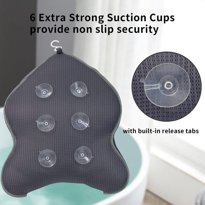 Poemland Extra Thick, Large Bathtub Pillow with Neck, Back, and Head Support for Bathtub, Spa, Soaking - Grey (19 x 15 inches)