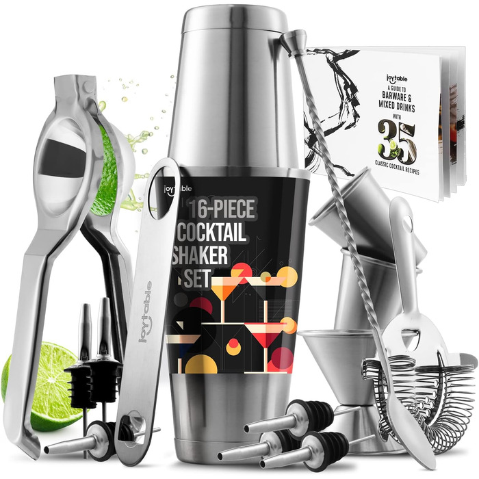 JoyTable 16-Piece Cocktail Bar Set with Citrus Press & Recipe Book - Professional Bartender Kit