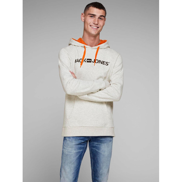 Чоловічий худі Jack & Jones Reg Fit з капюшоном та кишенею, White Melange (Shocking Orange), розмір XXL