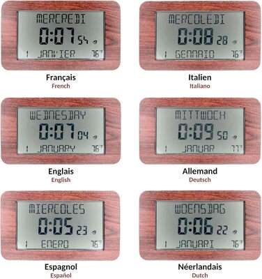 FISHTEC Radio Clock Alarm Clock with Calendar – Large Display, Date, Day, Time, Temperature, 2 Alarms, Wall Mounting or Stand – Wood-Look Finish, 24 x 14 cm